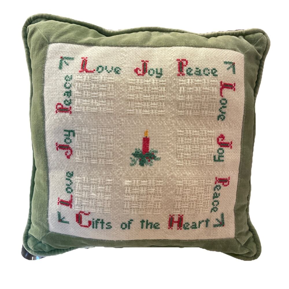 Vtg 1981 handmade Needlepoint Christmas “Gifts Of The Heart” Throw Pillow 14x14
